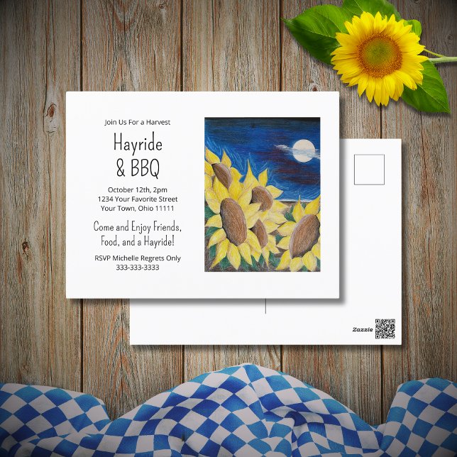 Hayride Barbecue Sunflowers Folk Art Invitation Postcard (Creator Uploaded)