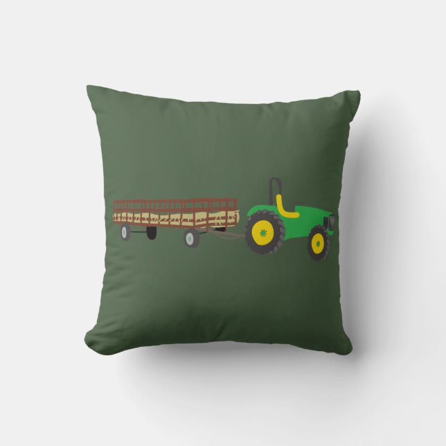 Hayride Green and Yellow Tractor Illustration Cushion (Front)
