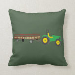 Hayride Green and Yellow Tractor Illustration Cushion<br><div class="desc">This throw pillow has a classic farm look with an illustration of a tractor on the front and a pattern of apples and apple treats on the reverse side all set against a dark green background. This realistic style illustration depicts a green and yellow tractor towing a hay-filled wagon that...</div>