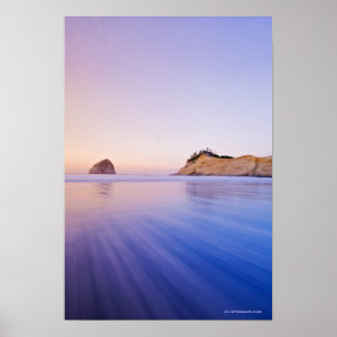 Haystack Rock At Dawn Blurred Blue Purple Waves Poster