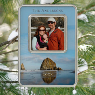 Haystack Rock Family Photo Cannon Beach Christmas Silver Plated Framed Ornament