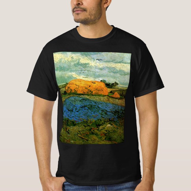 Haystacks Under a Rainy Sky by Vincent van Gogh T-Shirt (Front)