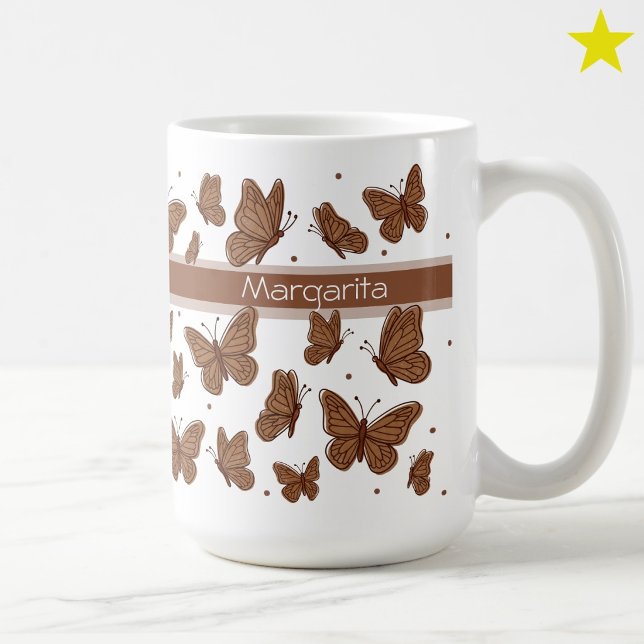 Hazel Brown Butterflies & Dot Custom Name Monogram Coffee Mug (Creator Uploaded)