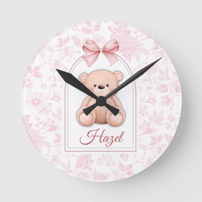 Hazel | Custom Pink Teddy Bear Nursery Design  Round Clock (Front)