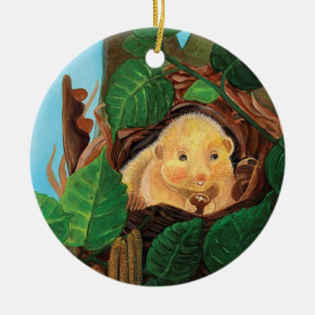Hazel dormouse eating hazelnut   ceramic ornament (Front)