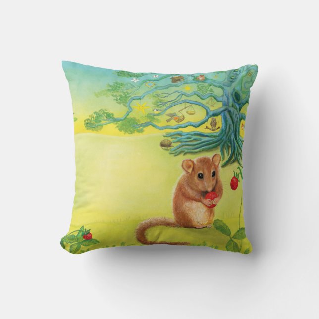 Hazel Dormouse Eating Wild Strawberry  Cushion (Front)