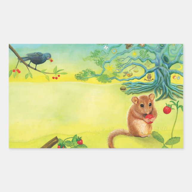 Hazel Dormouse Eating Wild Strawberry  Rectangular Sticker (Front)