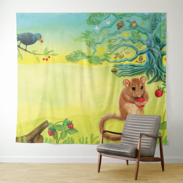 Hazel Dormouse Eating Wild Strawberry  Tapestry (In Situ (Horizontal))