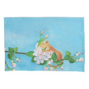 Hazel Dormouse on blooming branch of apple tree Pillowcase
