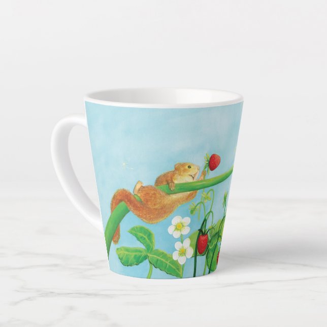 Hazel Dormouse, strawberries & dandelion puff Smal Latte Mug (Left Angle)