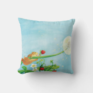 Hazel Dormouse, wild strawberries & dandelion puff Cushion