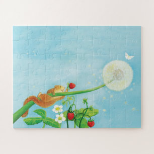 Hazel Dormouse, wild strawberries & dandelion puff Jigsaw Puzzle
