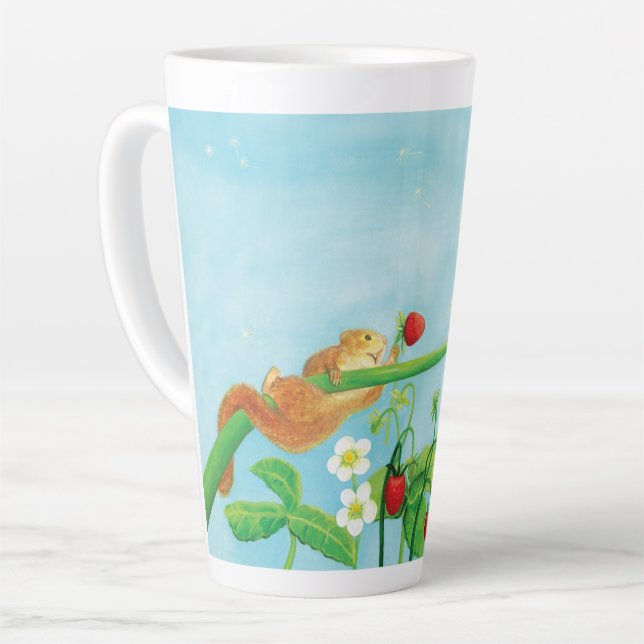 Hazel Dormouse, wild strawberries & dandelion puff Latte Mug (Left Angle)