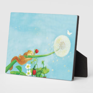 Hazel Dormouse, wild strawberries & dandelion puff Plaque