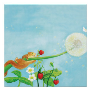 Hazel Dormouse, wild strawberries & dandelion puff Poster