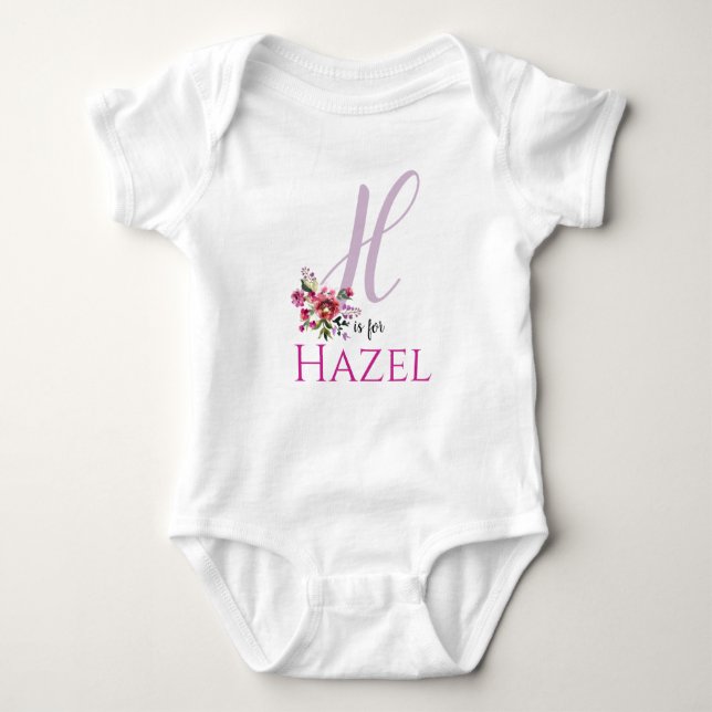 Hazel Name Reveal Floral Letter H Girl Whimsical Baby Bodysuit (Front)