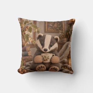 Hazelnut Badger Teacup Cosy Vintage Library Cushion