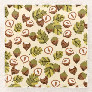 Hazelnut Leaves Acorns Seamless Pattern Glass Coaster