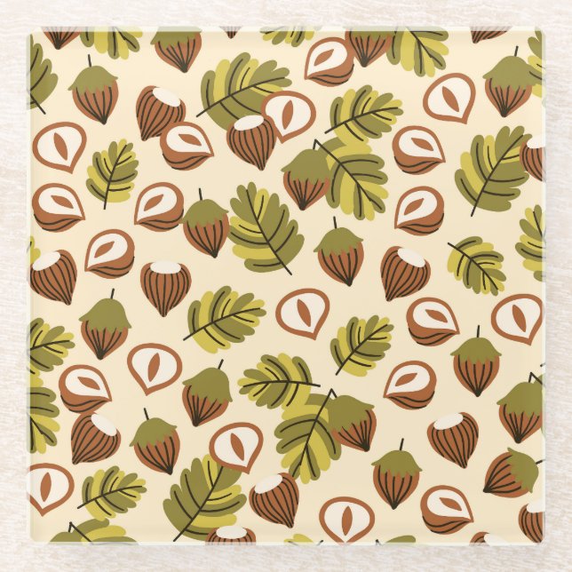 Hazelnut Leaves Acorns Seamless Pattern Glass Coaster (Front)
