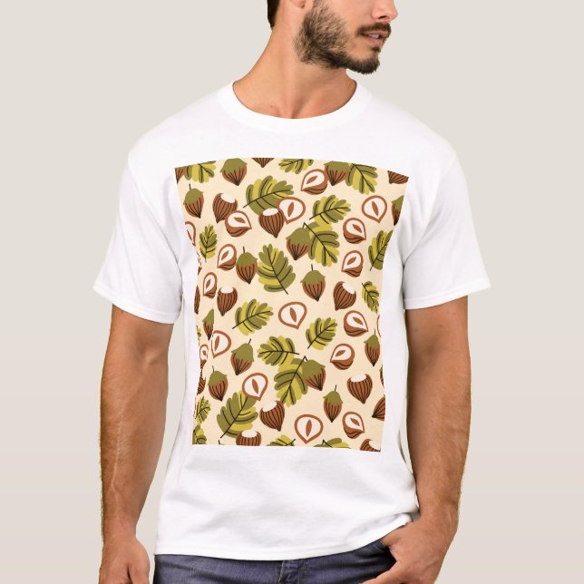Hazelnut Leaves Acorns Seamless Pattern T-Shirt (Front)