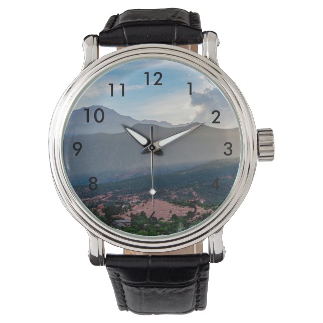 Hazy Pikes Peak Sunset Wrist Watch (Front)
