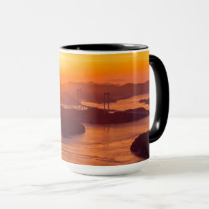 Hazy sunset on Kurushima Kaikyo Bridge and Kurushi Mug