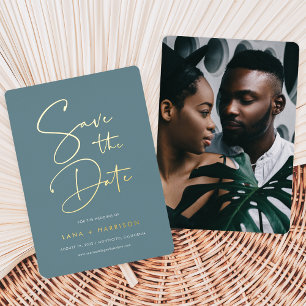 Hazy Teal   Modern Script Photo Save the Date