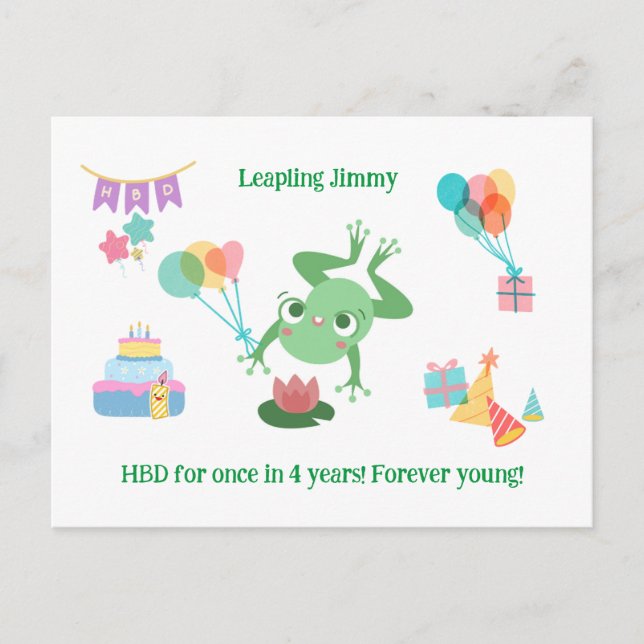 HBD Frog Lily Pad Cake Balloons Hats Design Postcard (Front)