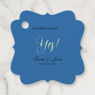 He asked she said yes engagement simple blue yello favour tags