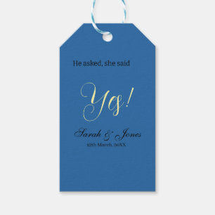 He asked she said yes engagement simple blue yello gift tags