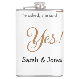 He asked she said yes engagement simple minimal hip flask