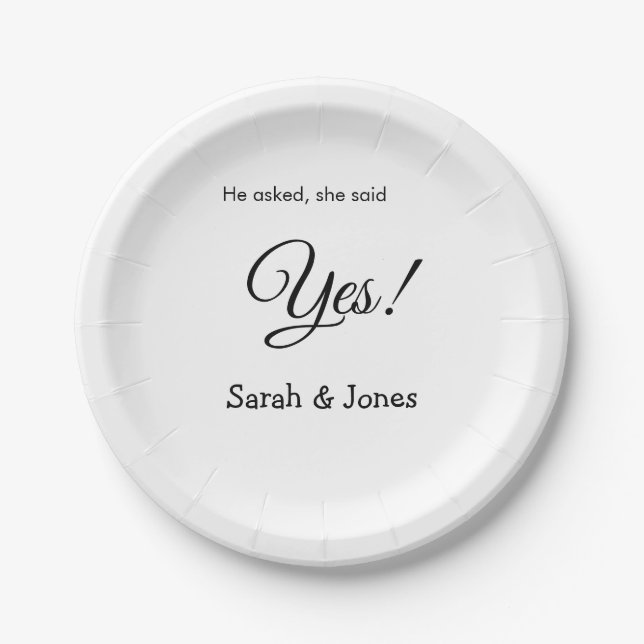 He asked she said yes engagement simple minimal  paper plate (Front)