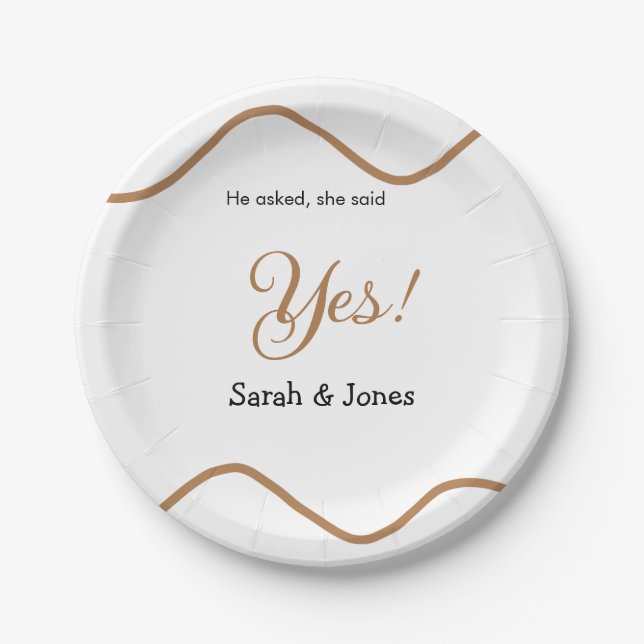 He asked she said yes engagement simple minimal  paper plate (Front)