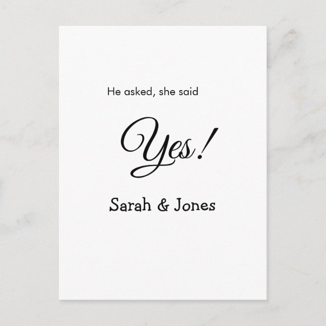 He asked she said yes engagement simple minimal  postcard (Front)