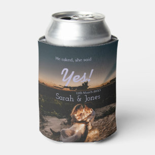 He asked she said yes engagement simple photo blue can cooler