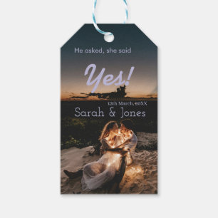 He asked she said yes engagement simple photo blue gift tags