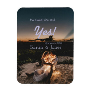 He asked she said yes engagement simple photo blue magnet