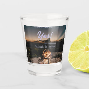 He asked she said yes engagement simple photo blue shot glass