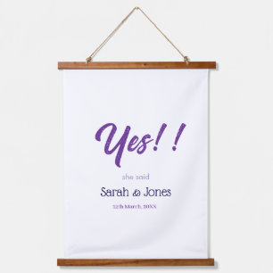 He asked she said yes engagement simple purple bol hanging tapestry