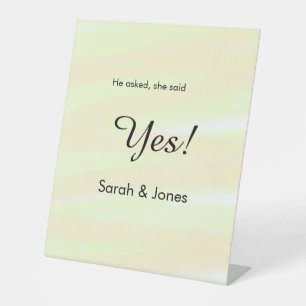 He asked she said yes engagement yellow pastel pedestal sign