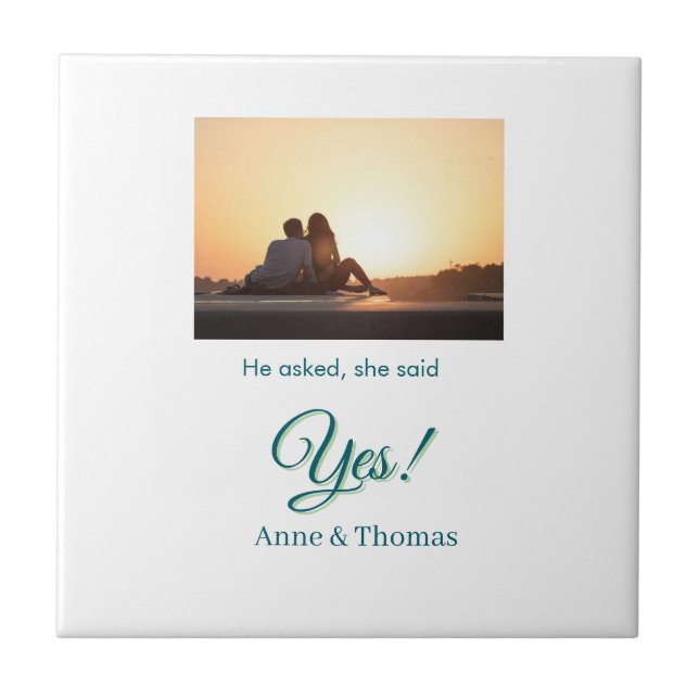 He asked she said yes photo engaged blue green ceramic tile (Front)