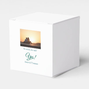He asked she said yes photo engaged blue green favour box