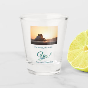 He asked she said yes photo engaged blue green shot glass