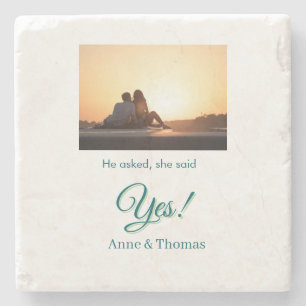 He asked she said yes photo engaged blue green stone coaster