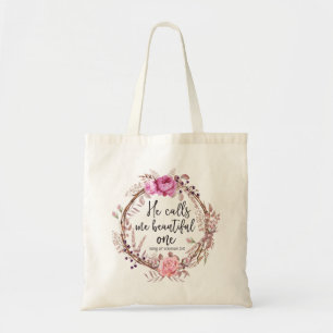 He Calls Me Beautiful One, Floral Wreath Tote Bag