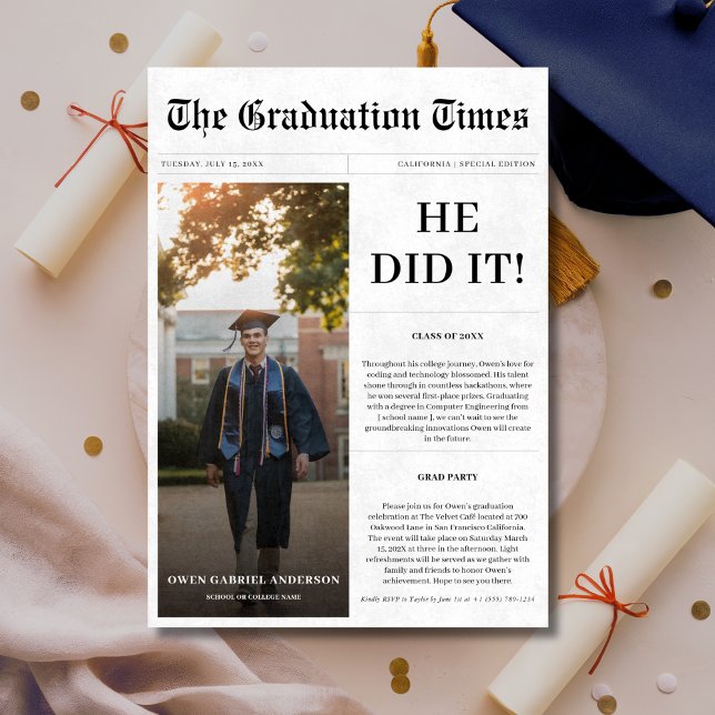 He Did It 2025 Budget Graduation Newspaper Photo Invitation (Creator Uploaded)