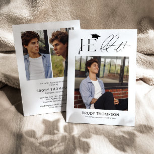 He Did It Black & White 3 Photo Graduation Party Invitation