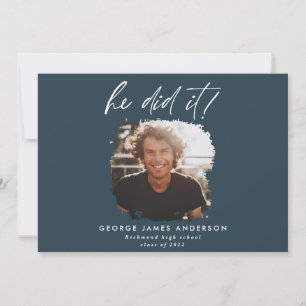 He did it blue modern photo graduation invitation