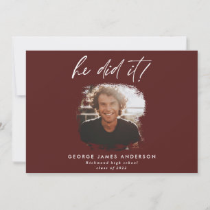 He did it burgundy modern photo graduation invitation