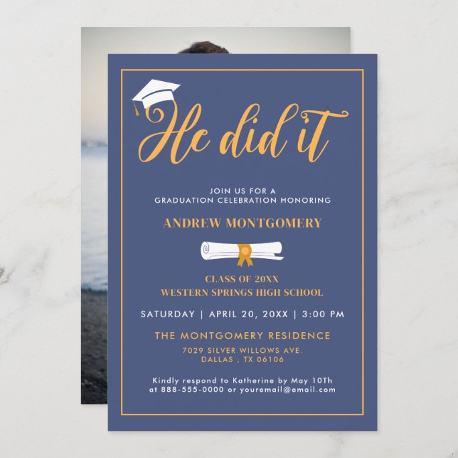 He Did It Grad Cap Tassel Blue Graduation Photo Invitation (Front/Back)